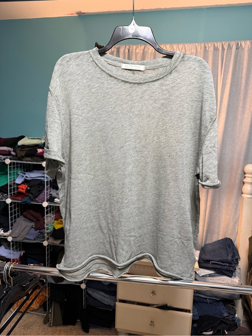 We The Free Free People Gray Oversized Raw Hem Tee Top Large